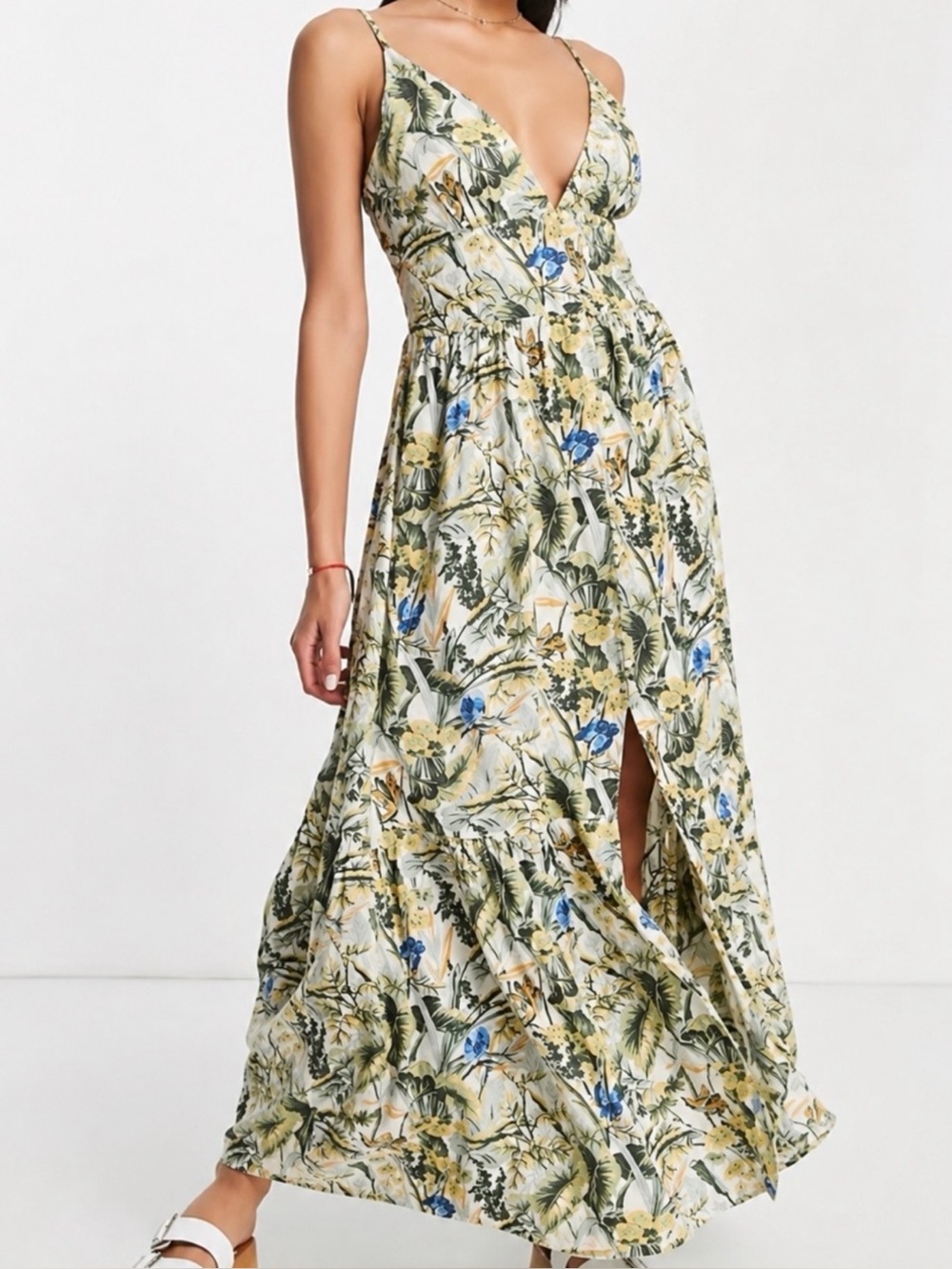 Abercrombie Floral Linen Blend Button Front Smocked Maxi Dress M Cottagecore